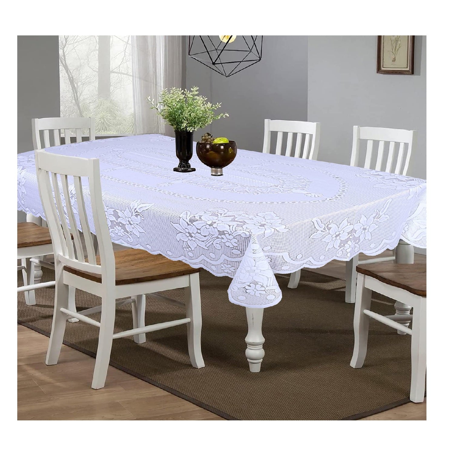 Rectangular Dining Table Cover|Poly Cotton Stain-Resistant Floral Pattern|Net Tablecloth Protector for Home Decoration, 60X90 Inch (White)
