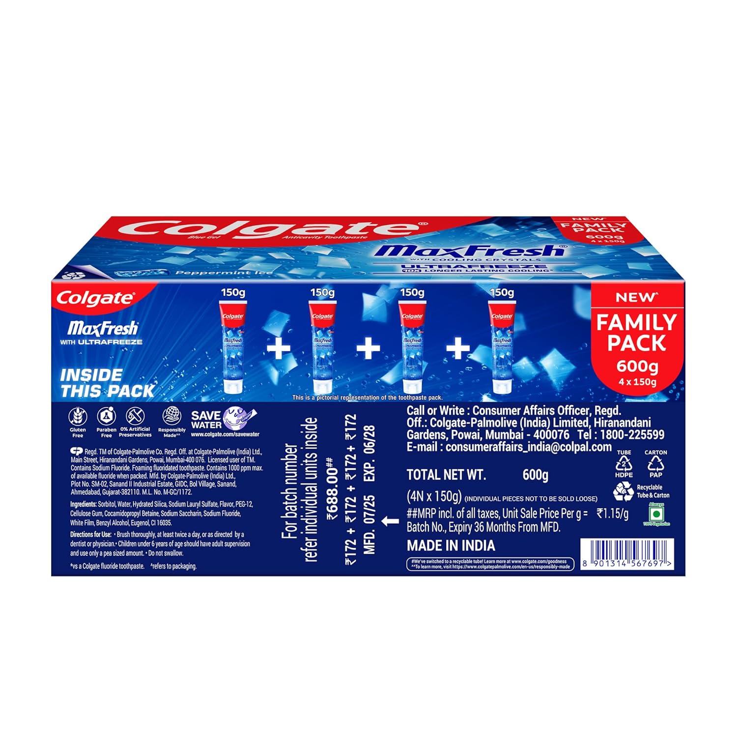 Colgate MaxFresh Toothpaste, Blue Gel Paste with Menthol for Super Fresh Breath, 600g, 150g X 4