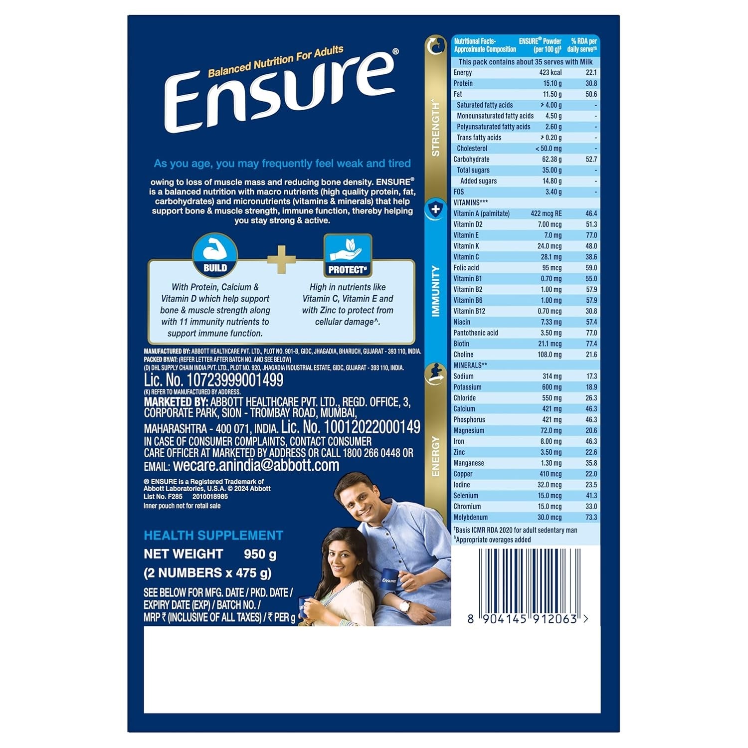 Pack of 2 Ensure Vanilla Flavored Nutritional Powder 950gm Nutrition for Balanced Diet & Daily Health Support