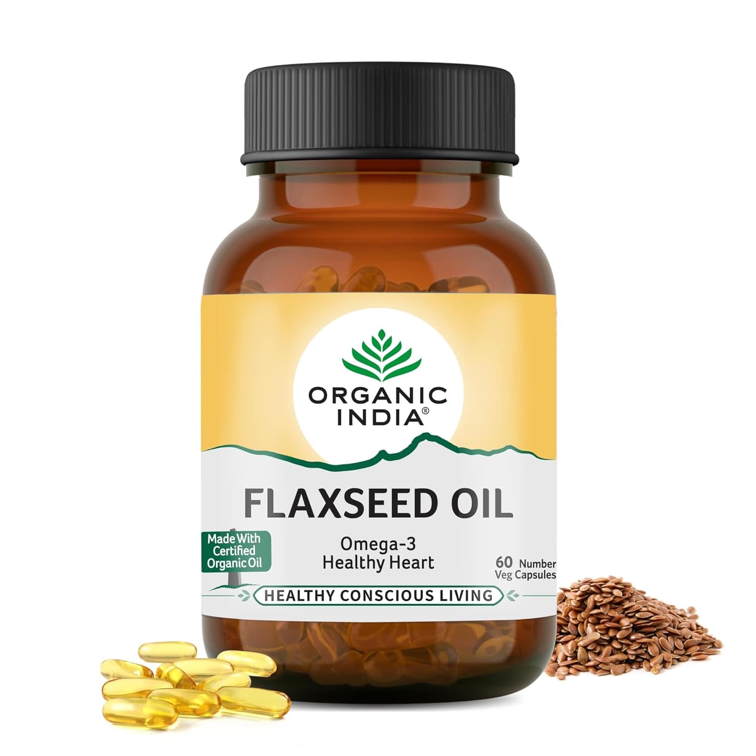 Organic India Flaxseed Oil - 60 Veg Capsules, Natural Omega-3, Helps Reduce Cholesterol, Supports Healthy Skin, Hair & Nails, Joint Flexibility, GMP & NPOP Certified Organic