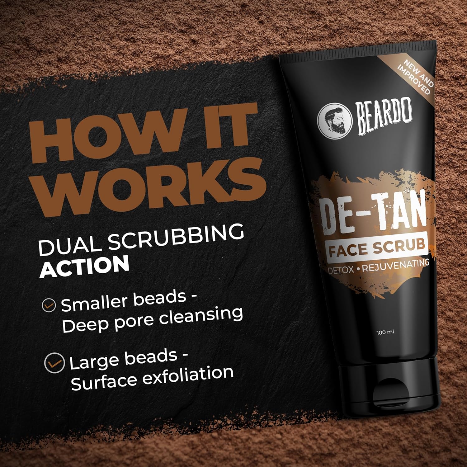 BEARDO De-Tan Face scrub for Men, 100g | Blackhead & Tan Removal | Dual Bead Exfoliation | Coffee Detox | Oil Control