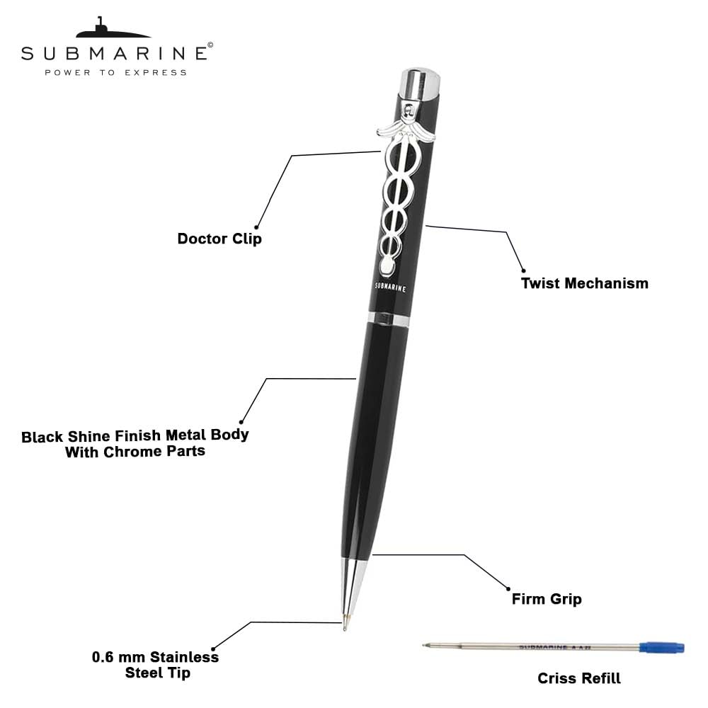 Submarine 1018 & 1025 Ball Pen Combo With Doctor Clip, Silver and Black Metal Body, Fitted With Criss Blue Ink Refill