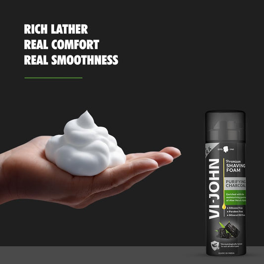 VI-JOHN Dermatologically Tested Premium Purifying Charcoal Shaving Foam Enriched with Aloevera & Jojoba Oil Free From Silicone, Paraben & Mineral Oil - 200 gm