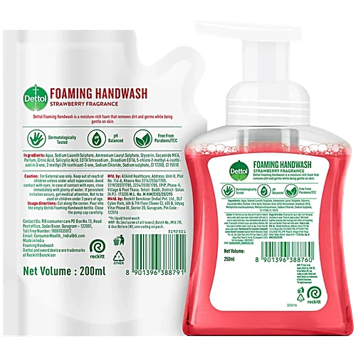 Dettol Foaming Handwash - Pump + Refill Combo, Strawberry, Rich Foam, Moisturizing, Soft On Hands, 250 ml (200 ml Refill Pack)