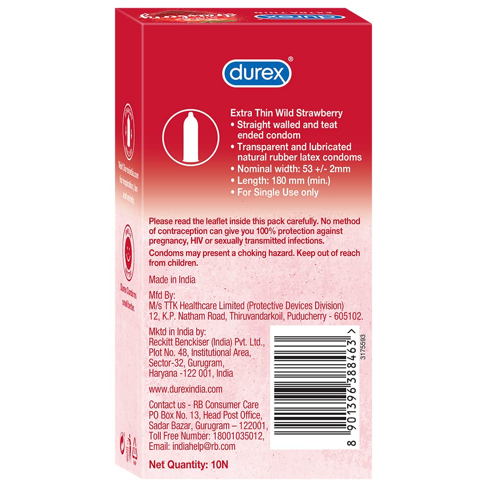 Durex Extra Thin Wild Strawberry Flavoured Condoms For Men - 10s