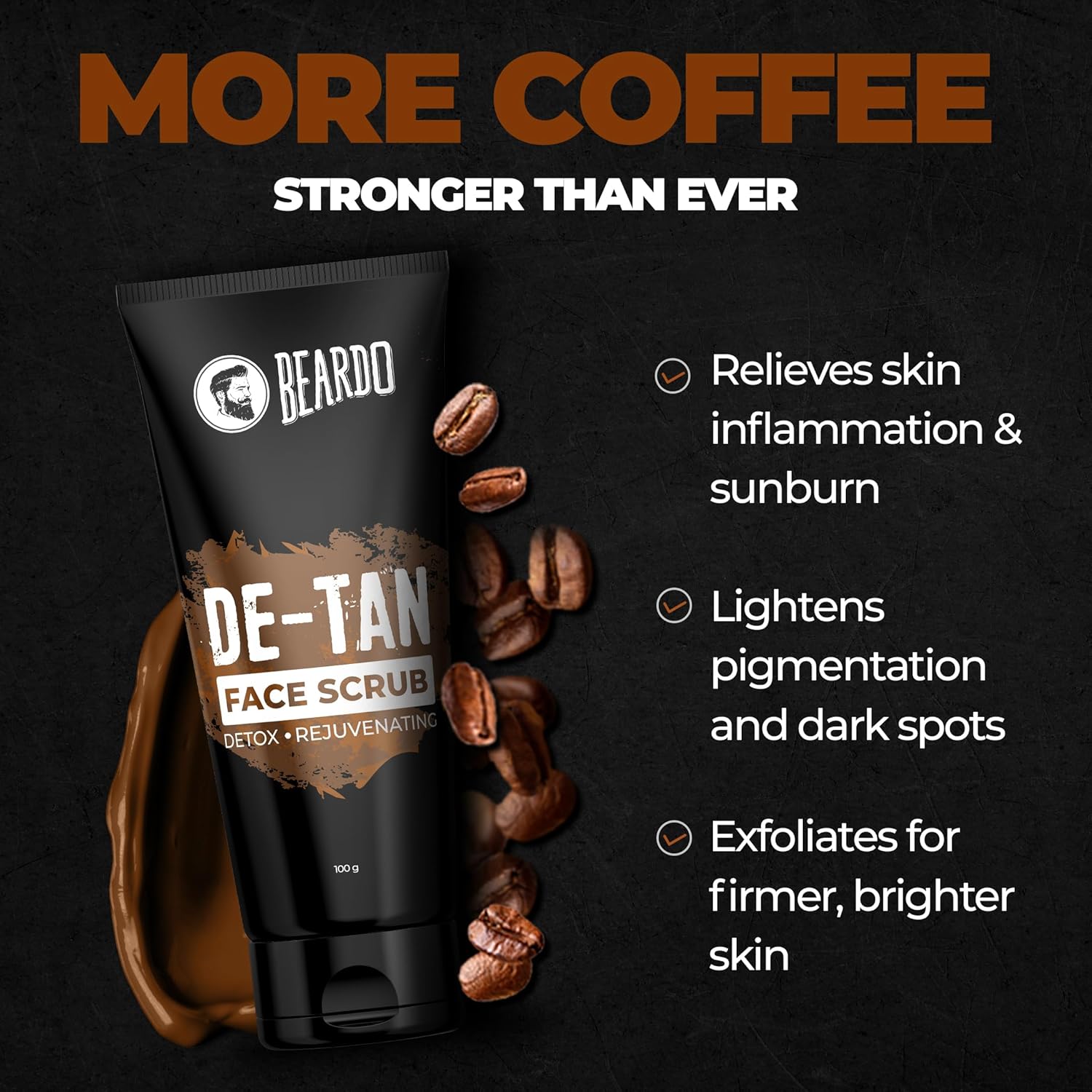 BEARDO De-Tan Face scrub for Men, 100g | Blackhead & Tan Removal | Dual Bead Exfoliation | Coffee Detox | Oil Control