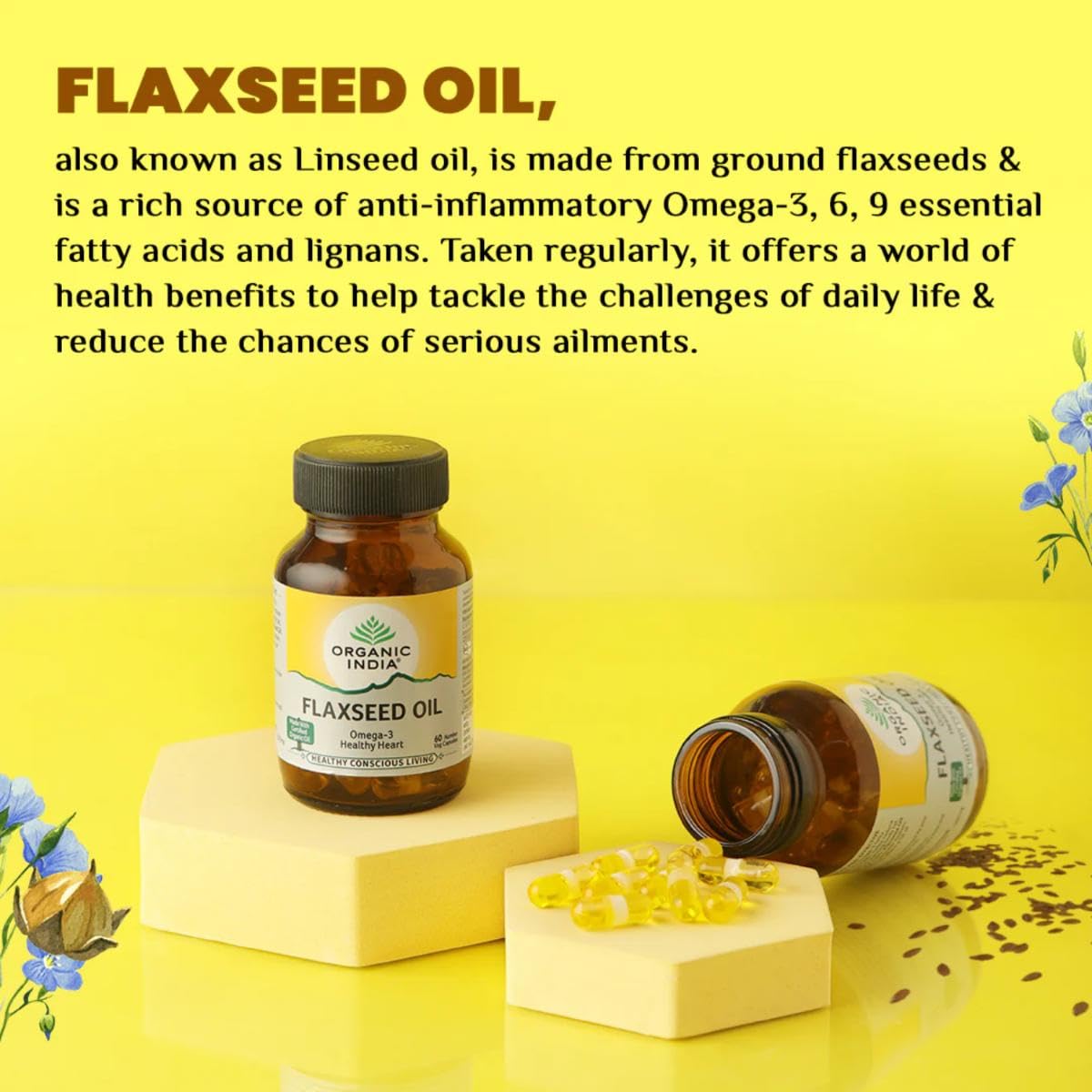 Organic India Flaxseed Oil - 60 Veg Capsules, Natural Omega-3, Helps Reduce Cholesterol, Supports Healthy Skin, Hair & Nails, Joint Flexibility, GMP & NPOP Certified Organic