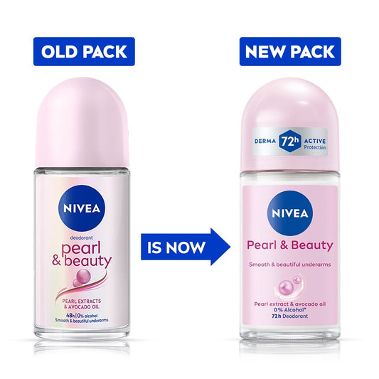 Nivea Pearl and Beauty Deo Roll On With Pearl Extracts & Avocado Oil 48 H Smooth & Beautiful Underarms 0% Alcohol - 50 ml