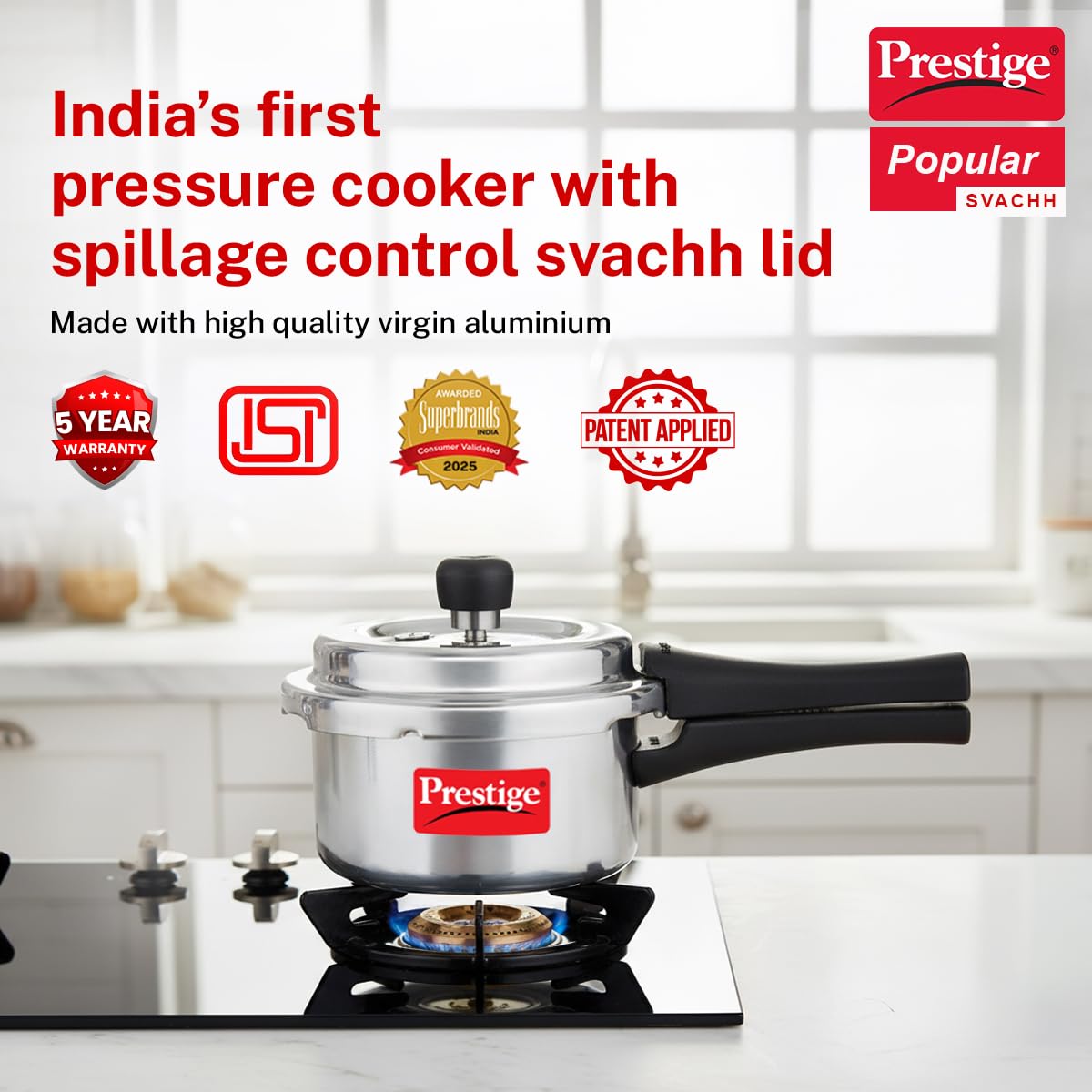 Prestige 2 Litre Aluminium Popular Svachh Outerlid Pressure Cooker|Deep Lid for spillage Control