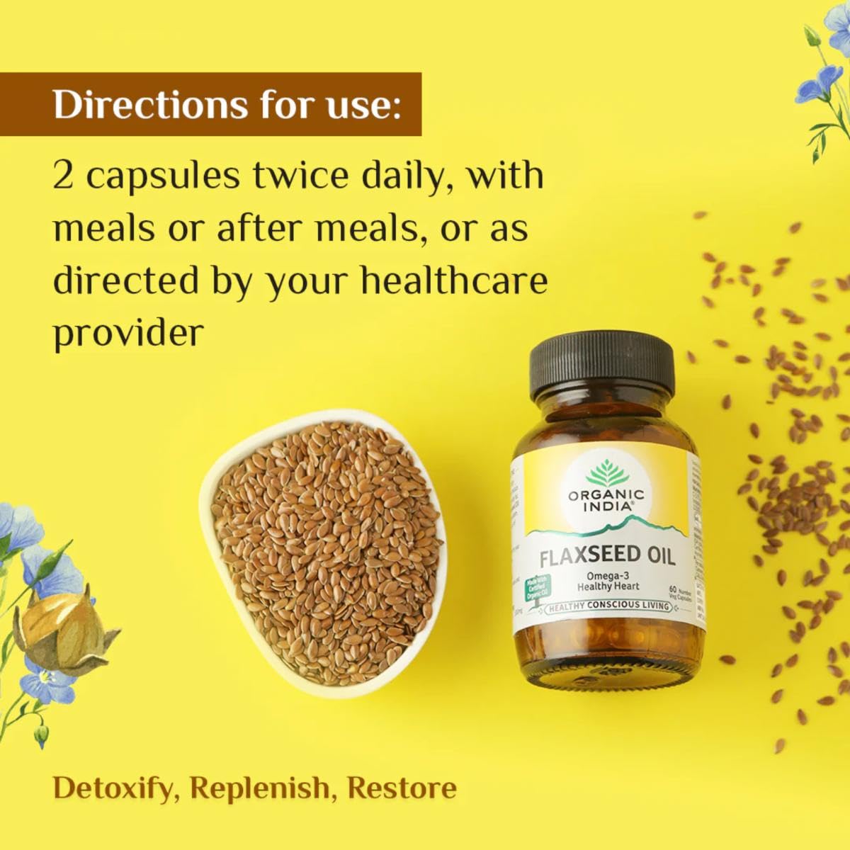 Organic India Flaxseed Oil - 60 Veg Capsules, Natural Omega-3, Helps Reduce Cholesterol, Supports Healthy Skin, Hair & Nails, Joint Flexibility, GMP & NPOP Certified Organic