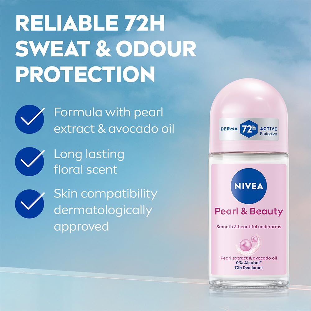 Nivea Pearl and Beauty Deo Roll On With Pearl Extracts & Avocado Oil 48 H Smooth & Beautiful Underarms 0% Alcohol - 50 ml