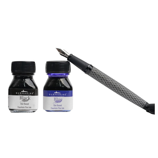 Submarine 1033 Inkspire Premium Black Body Fountain Pen Set with Dual Ink Bottles Blue and Black