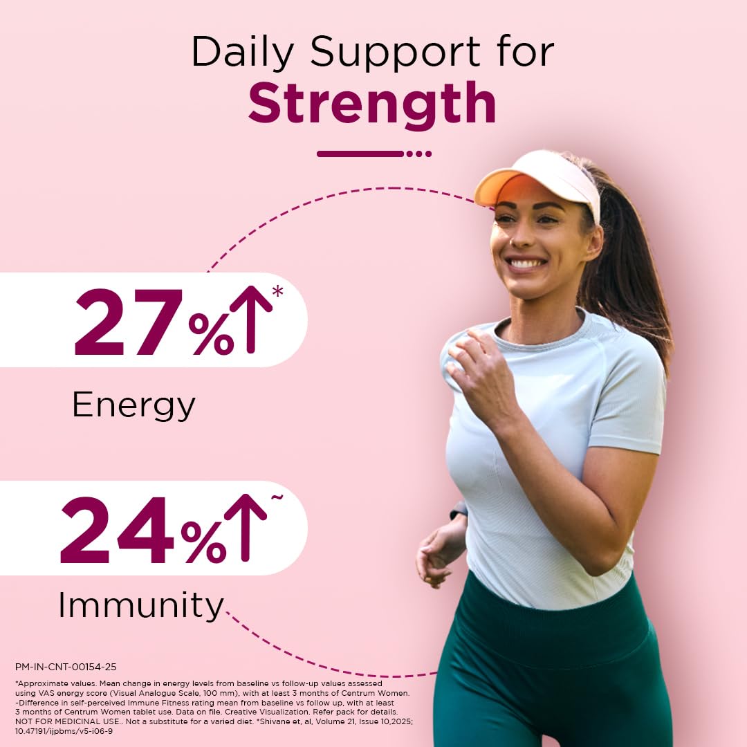 Centrum Women, World's No.1 Multivitamin with Biotin, Vitamin C & 21 vital Nutrients for Overall Health, Radiance, Strong Bones & Immunity (Veg) Pack of 30 Tablets