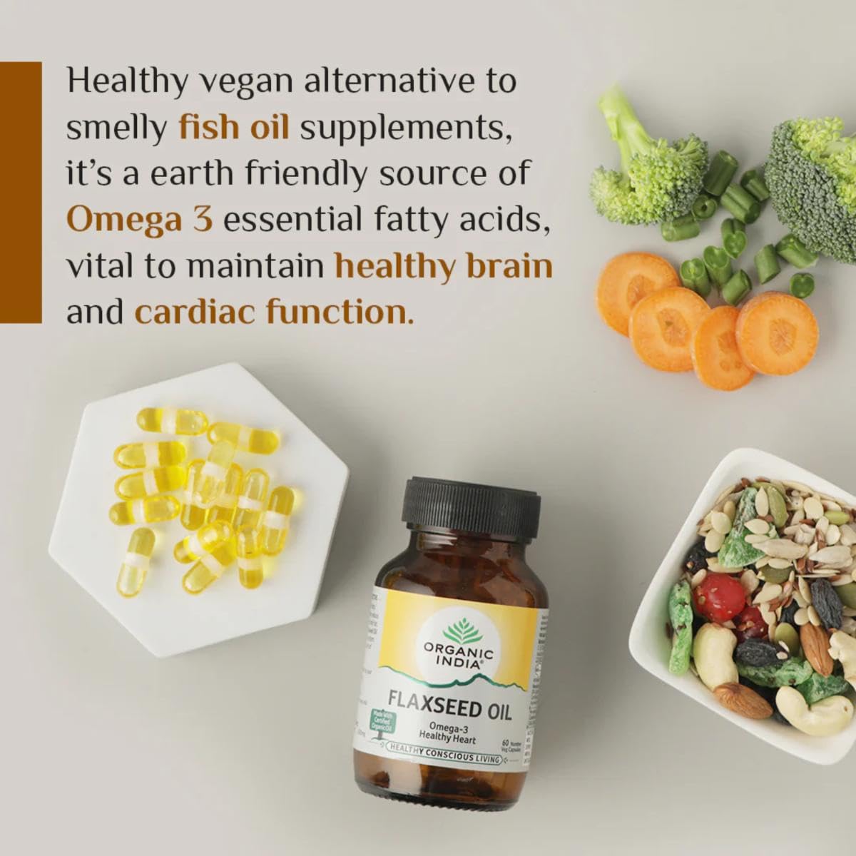 Organic India Flaxseed Oil - 60 Veg Capsules, Natural Omega-3, Helps Reduce Cholesterol, Supports Healthy Skin, Hair & Nails, Joint Flexibility, GMP & NPOP Certified Organic