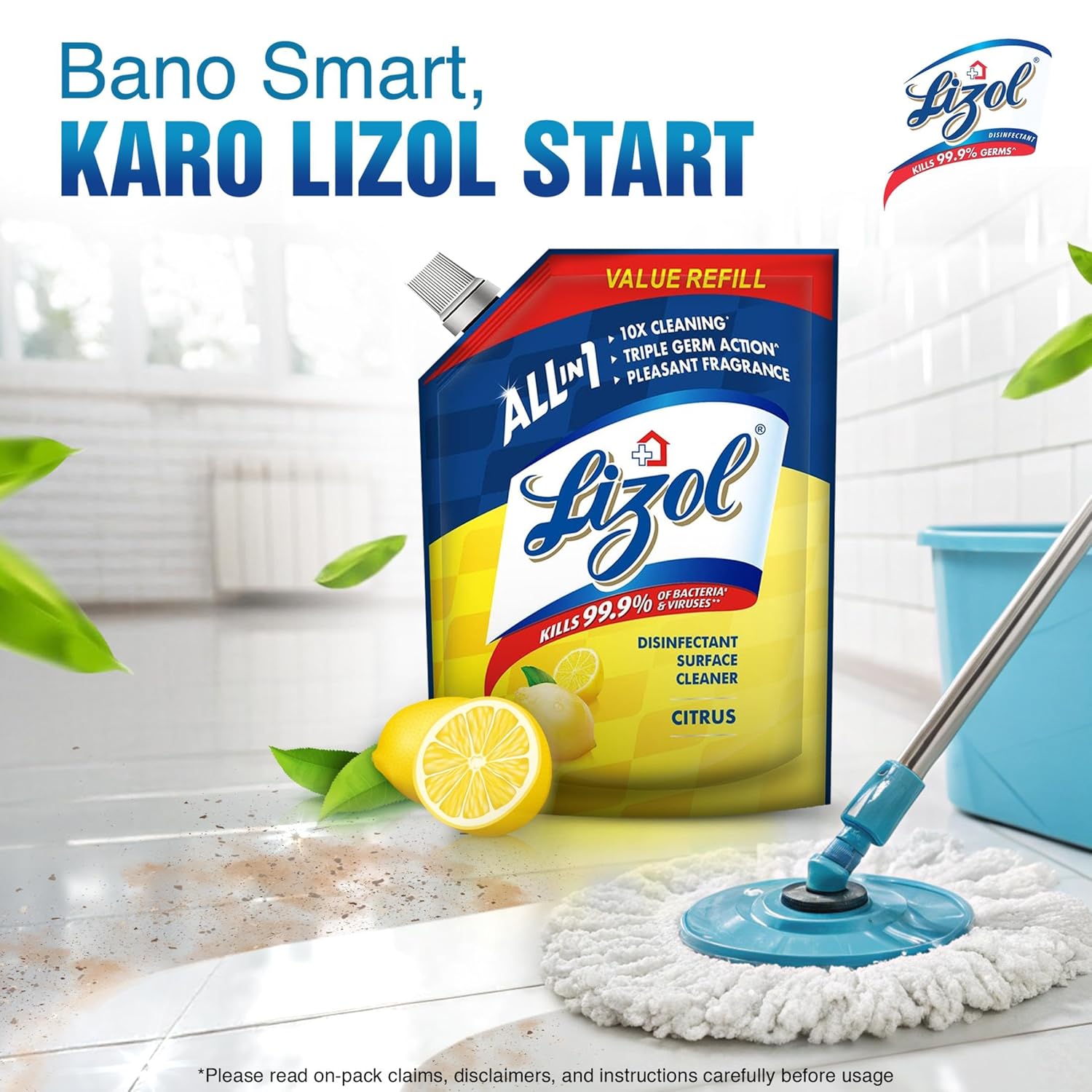 Lizol Disinfectant Surface & Floor Cleaner Liquid Refill Pack, Citrus - 1800 ml