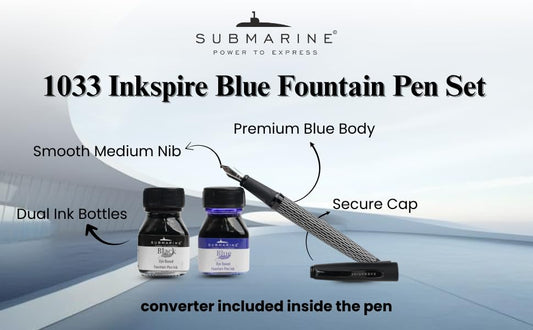 Submarine 1033 Inkspire Premium Black Body Fountain Pen Set with Dual Ink Bottles Blue and Black