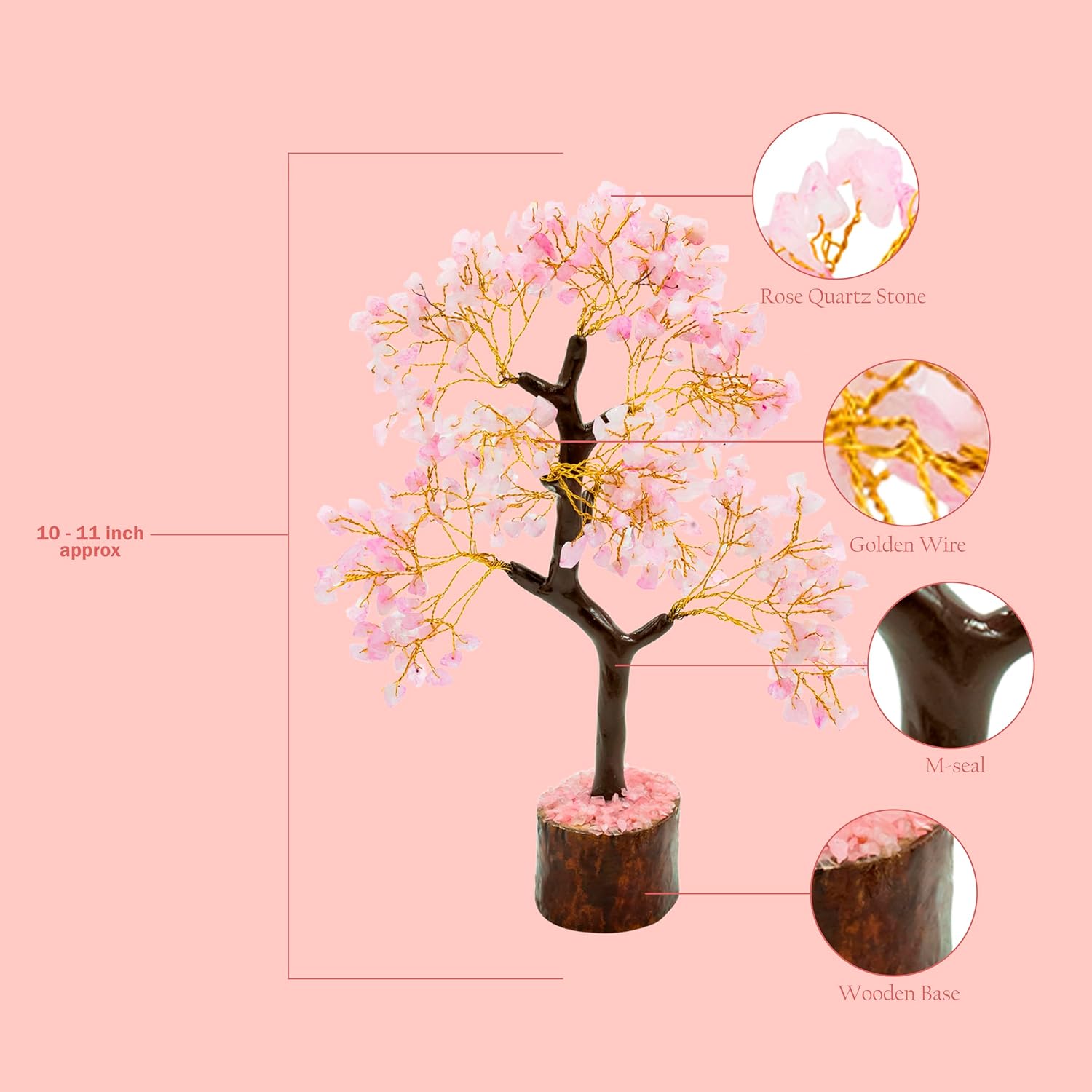 Indianvibez Both Rose Quartz Real Crystal Stone Tree With Wooden Base 300 Beads