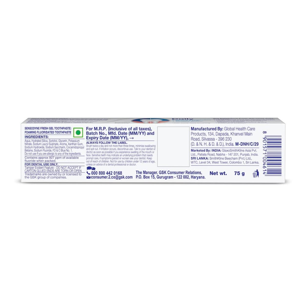 Sensodyne Toothpaste Fresh Gel | Daily Sensitivity Relief Tooth Paste Pack of 1 - 75gm | Dentist Recommended |