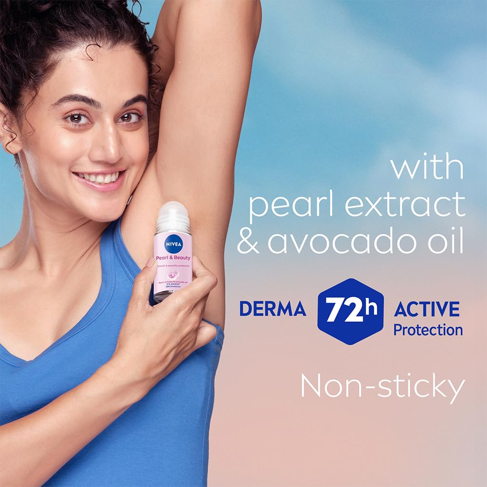 Nivea Pearl and Beauty Deo Roll On With Pearl Extracts & Avocado Oil 48 H Smooth & Beautiful Underarms 0% Alcohol - 50 ml