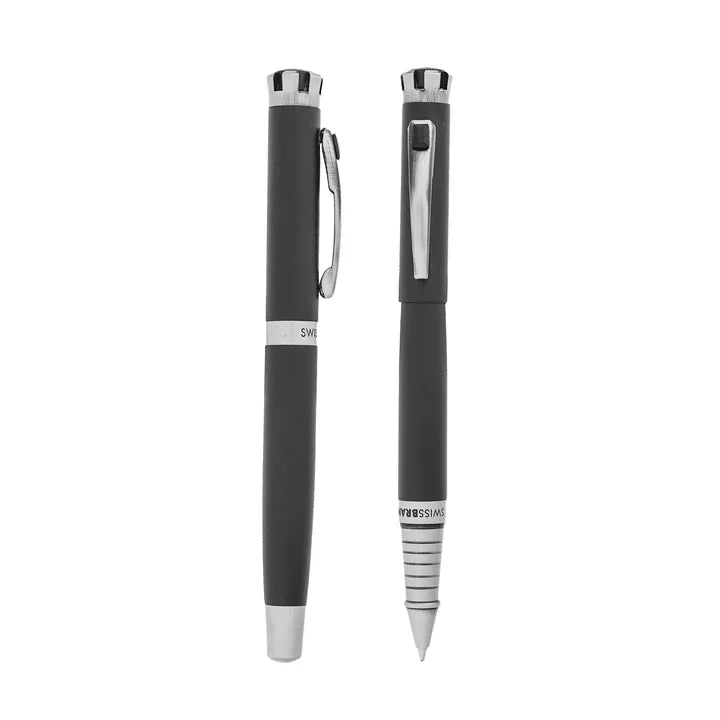 SWISSBRAND Eternia 2511 Matte black Rollerball Pen with black gem embedded in the chrome trim