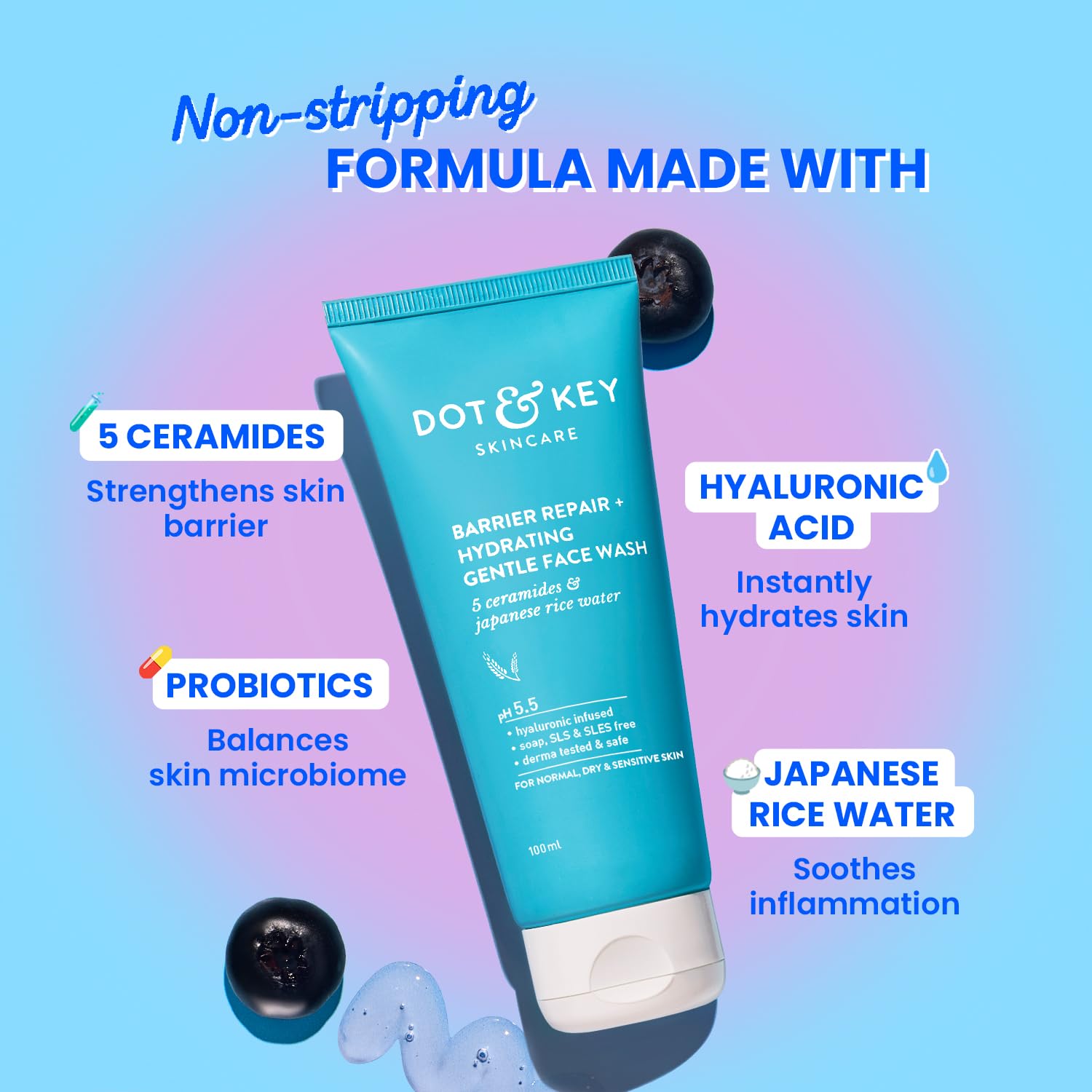 Dot & Key Barrier Repair Hydrating Gentle Face Wash For Dry, Normal & Sensitive Skin With Hyaluronic & Rice Water - 100 ml