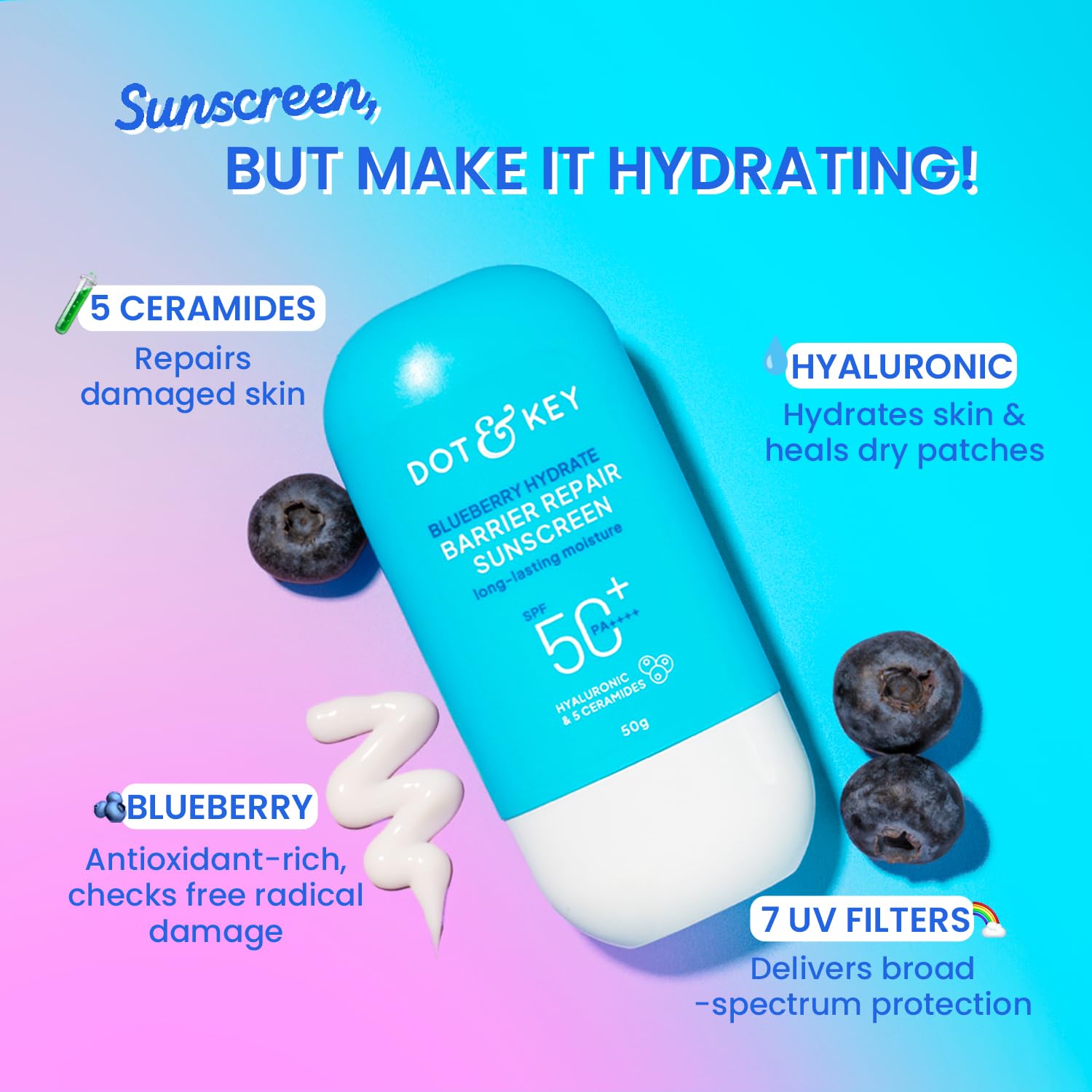 Dot & Key Blueberry Hydrating Barrier Repair Face Sunscreen SPF 50+,PA++++ With Hyaluronic & 5 Ceramides - 50 gm