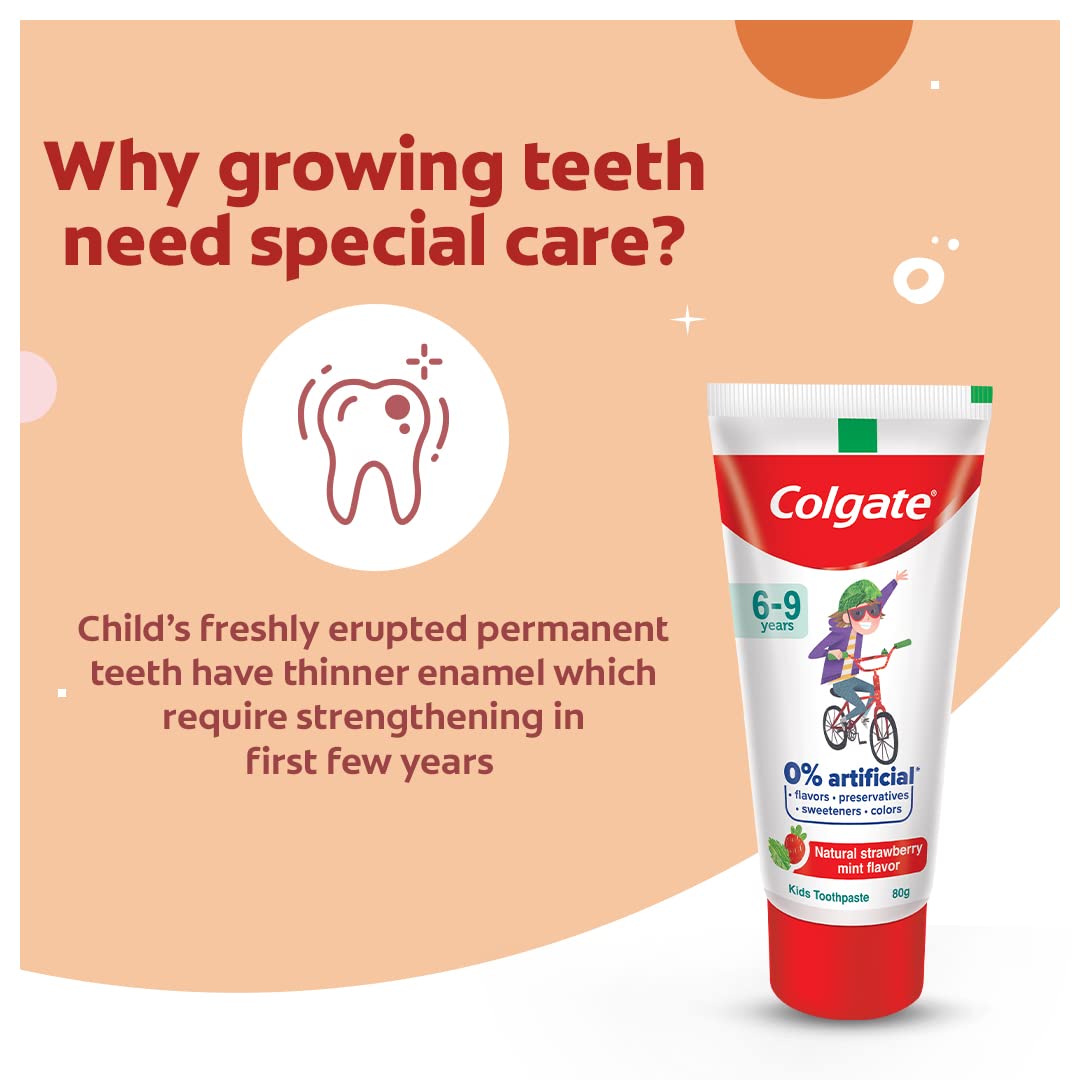 Colgate Kids Toothpaste with 0% Artificial Preservatives, Colours, Sweeteners for Whitening (6-9 Years, Natural Strawberry Mint Flavour - 80g