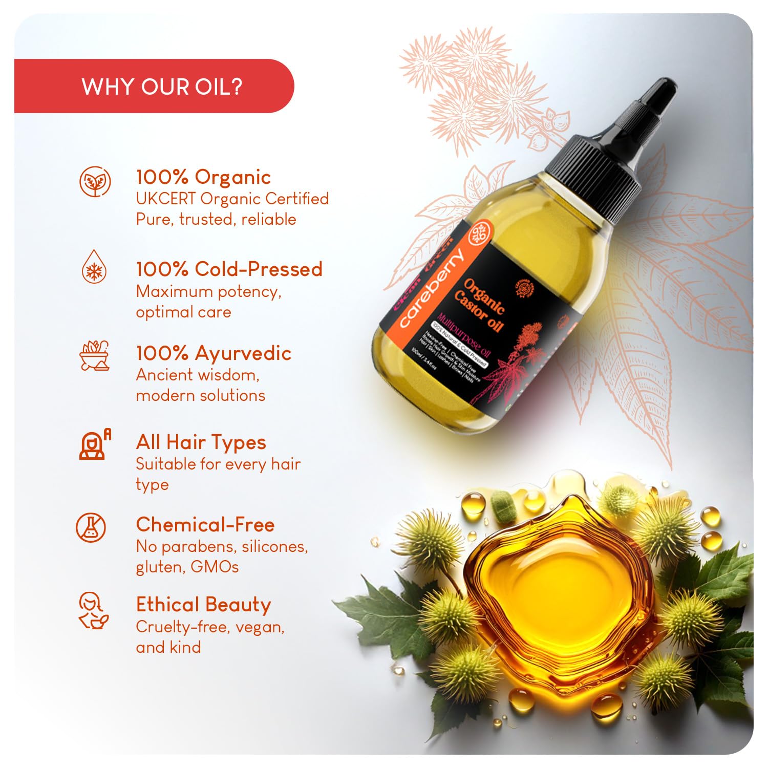 Careberry Organic Cold Pressed Castor Oil (Arandi Oil) - 200 ml