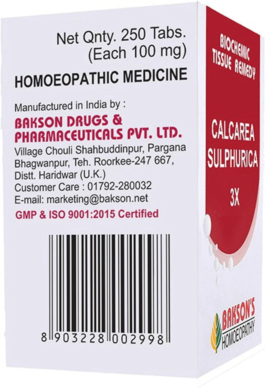 Bakson's Homeopathy Calcarea Sulphurica Biochemic Tablets - 3X - 250 tabs