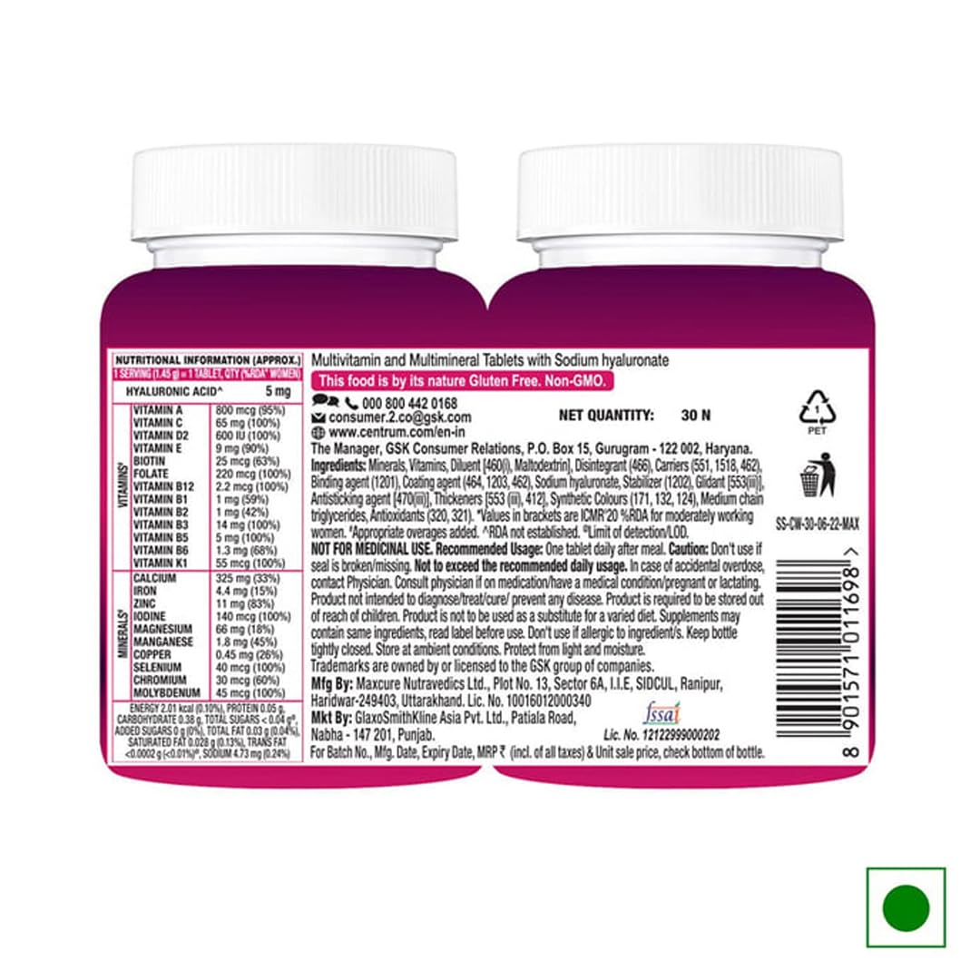 Centrum Women, World's No.1 Multivitamin with Biotin, Vitamin C & 21 vital Nutrients for Overall Health, Radiance, Strong Bones & Immunity (Veg) Pack of 30 Tablets