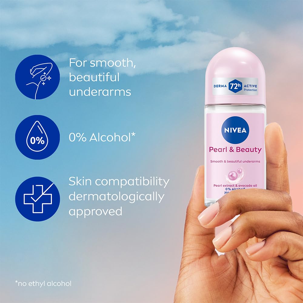 Nivea Pearl and Beauty Deo Roll On With Pearl Extracts & Avocado Oil 48 H Smooth & Beautiful Underarms 0% Alcohol - 50 ml