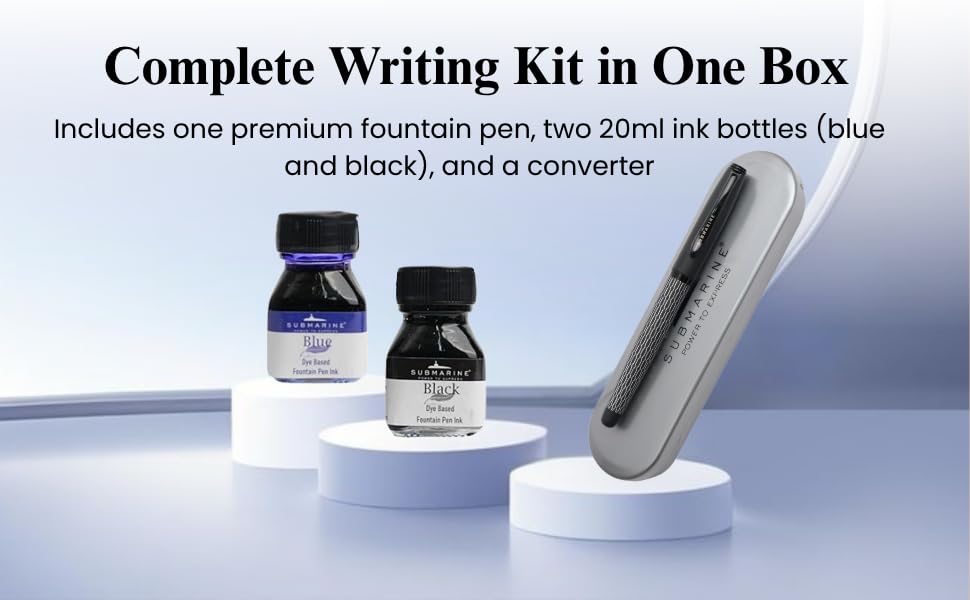 Submarine 1033 Inkspire Premium Black Body Fountain Pen Set with Dual Ink Bottles Blue and Black
