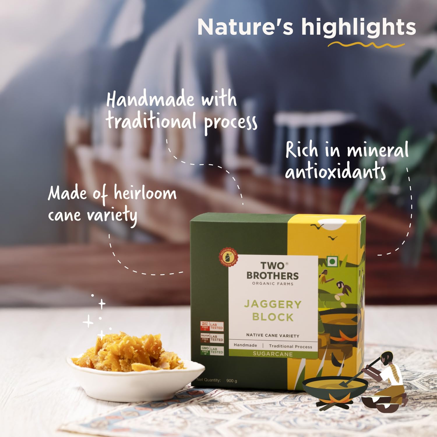 Two Brothers Organic Farms Sugarcane Jaggery | 900 Gm
