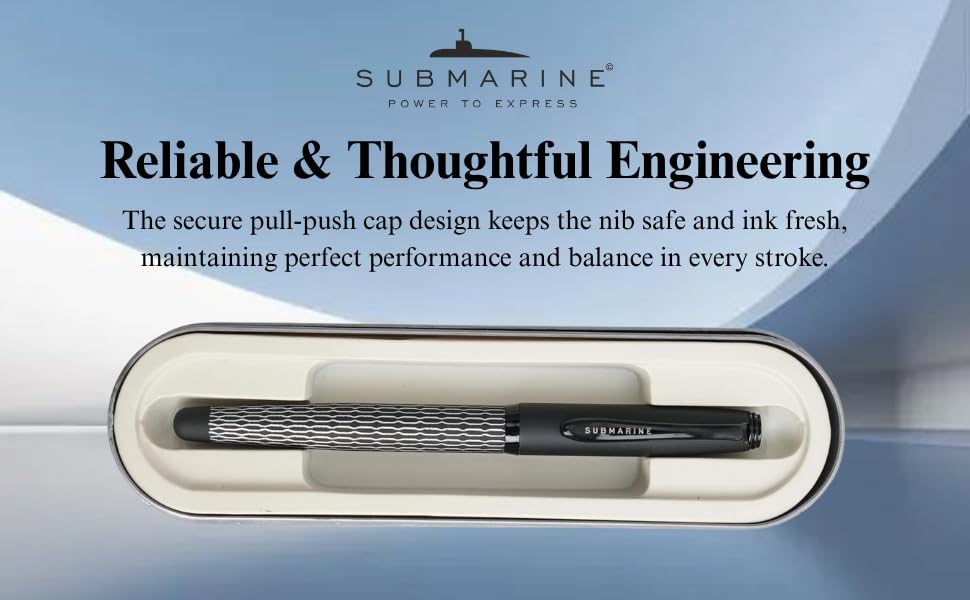 Submarine 1033 Inkspire Premium Black Body Fountain Pen Set with Dual Ink Bottles Blue and Black