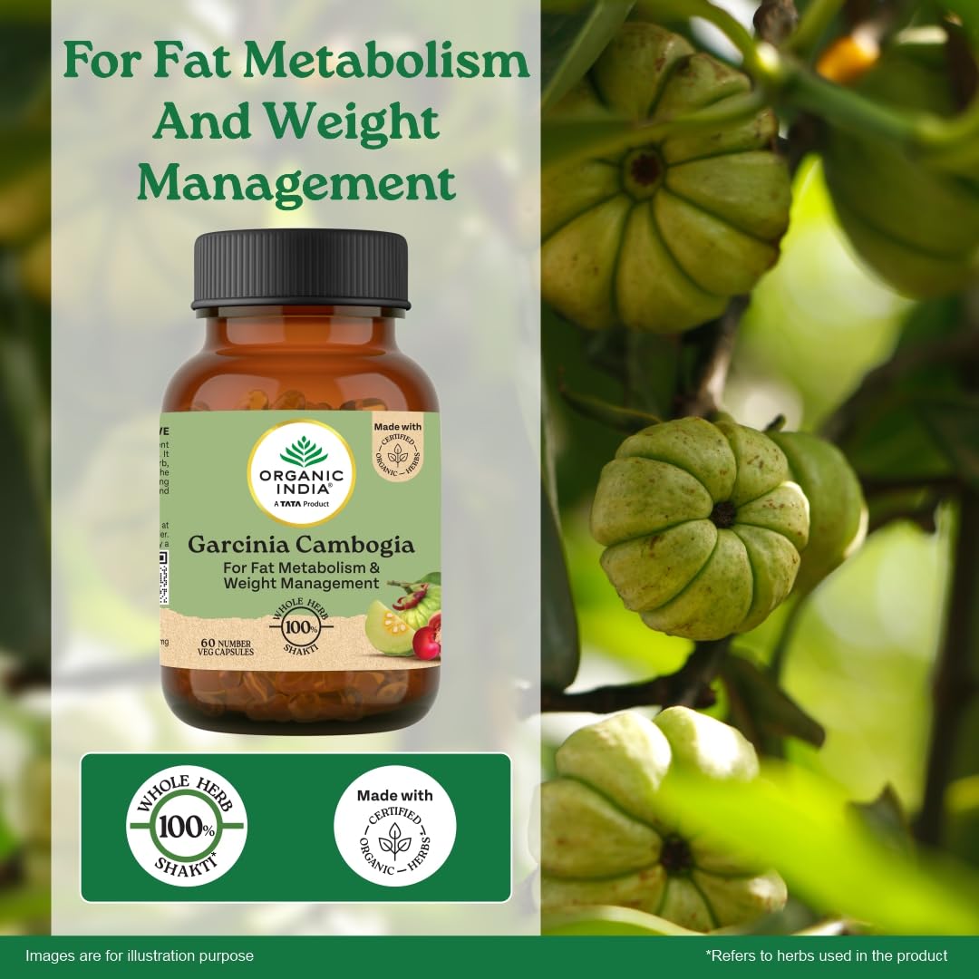 Organic India Garcinia Cambogia - 60 Veg Capsules, Improves Fat Metabolism, Lean Muscle Development, Boosts Energy, Enhances Immunity, & Helps Weight Management, GMP & NPOP Certified