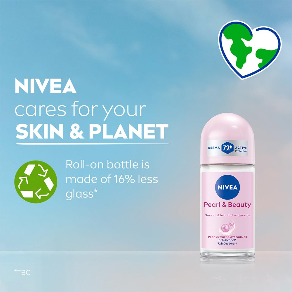 Nivea Pearl and Beauty Deo Roll On With Pearl Extracts & Avocado Oil 48 H Smooth & Beautiful Underarms 0% Alcohol - 50 ml
