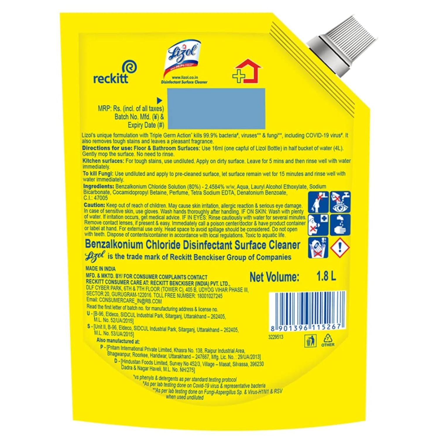 Lizol Disinfectant Surface & Floor Cleaner Liquid Refill Pack, Citrus - 1800 ml