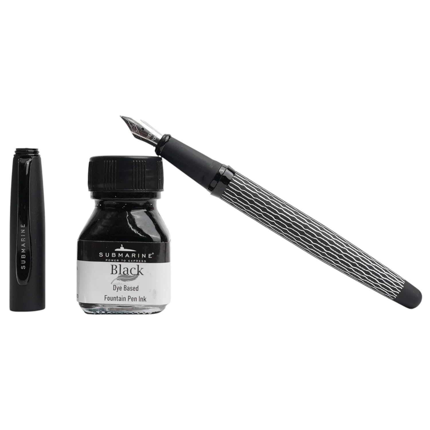 Submarine 1033 Inkspire Premium Black Body Fountain Pen Set with Dual Ink Bottles Blue and Black