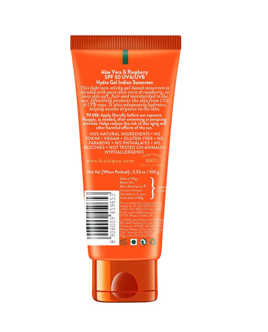 Biotique Advanced Ayurveda Aloe Vera & Raspberry SPF 50 Hydra Gel Sunscreen - 100 gm