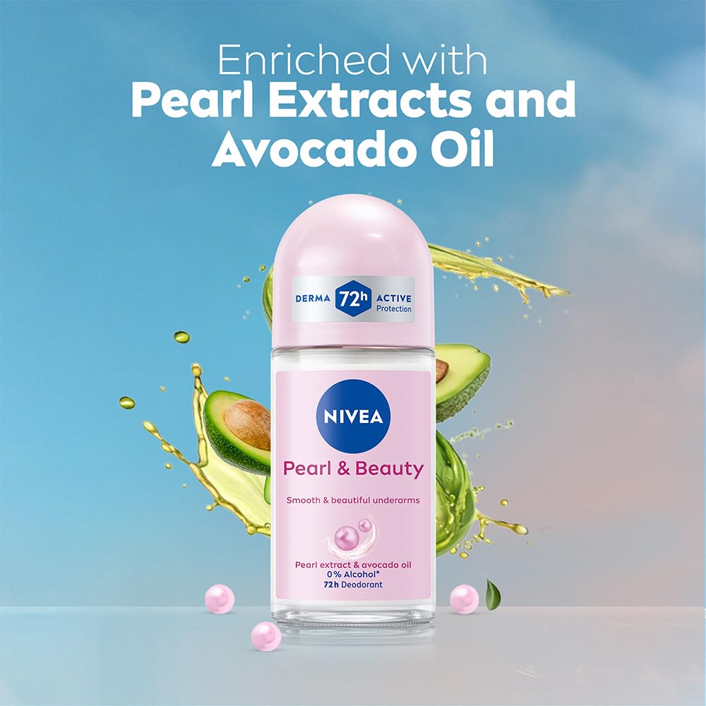 Nivea Pearl and Beauty Deo Roll On With Pearl Extracts & Avocado Oil 48 H Smooth & Beautiful Underarms 0% Alcohol - 50 ml