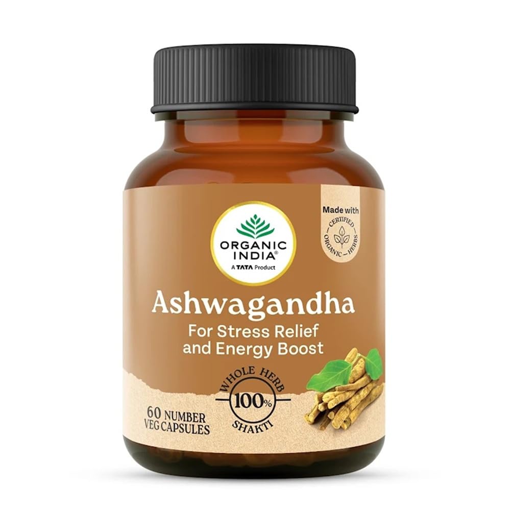ORGANIC INDIA A TATA Product - Ashwagandha Capsules - 60 Veg Caps, For Vitality & Relieves Stress, Naturally Boosts Energy & Stamina, Improves Immune System, GmP & NPOP Certified Organic