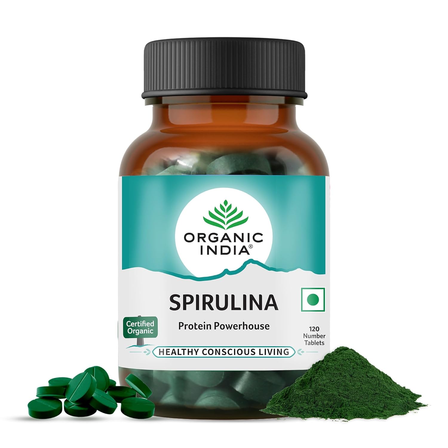 Organic India Spirulina - 120 Tablets, Natural Amino Acids, Protein Powerhouse, Plant-Based Superfood, For Hair, Skin, Nails & Overall Health