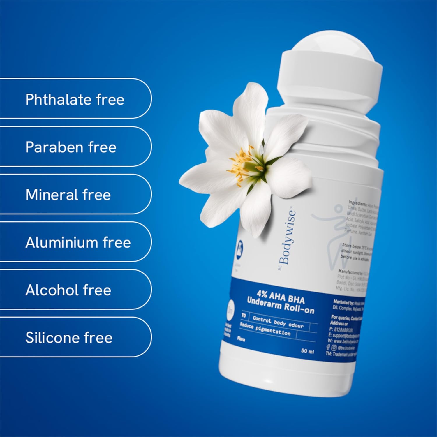 BeBodywise 4% AHA BHA Underarm Roll On For Reduce Pigmentation - Flora Fragrance - 50 ml