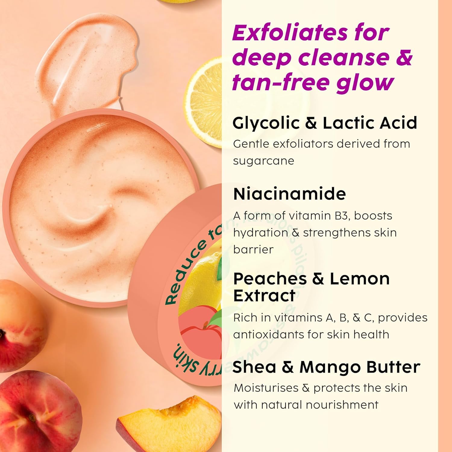 PLIX The Plant Fix Peaches & Lemon Detan Bump Eraser Scrub - Removes Tan & Restores Skin’s Moisture, Reduces Dark Spots - 200 gm