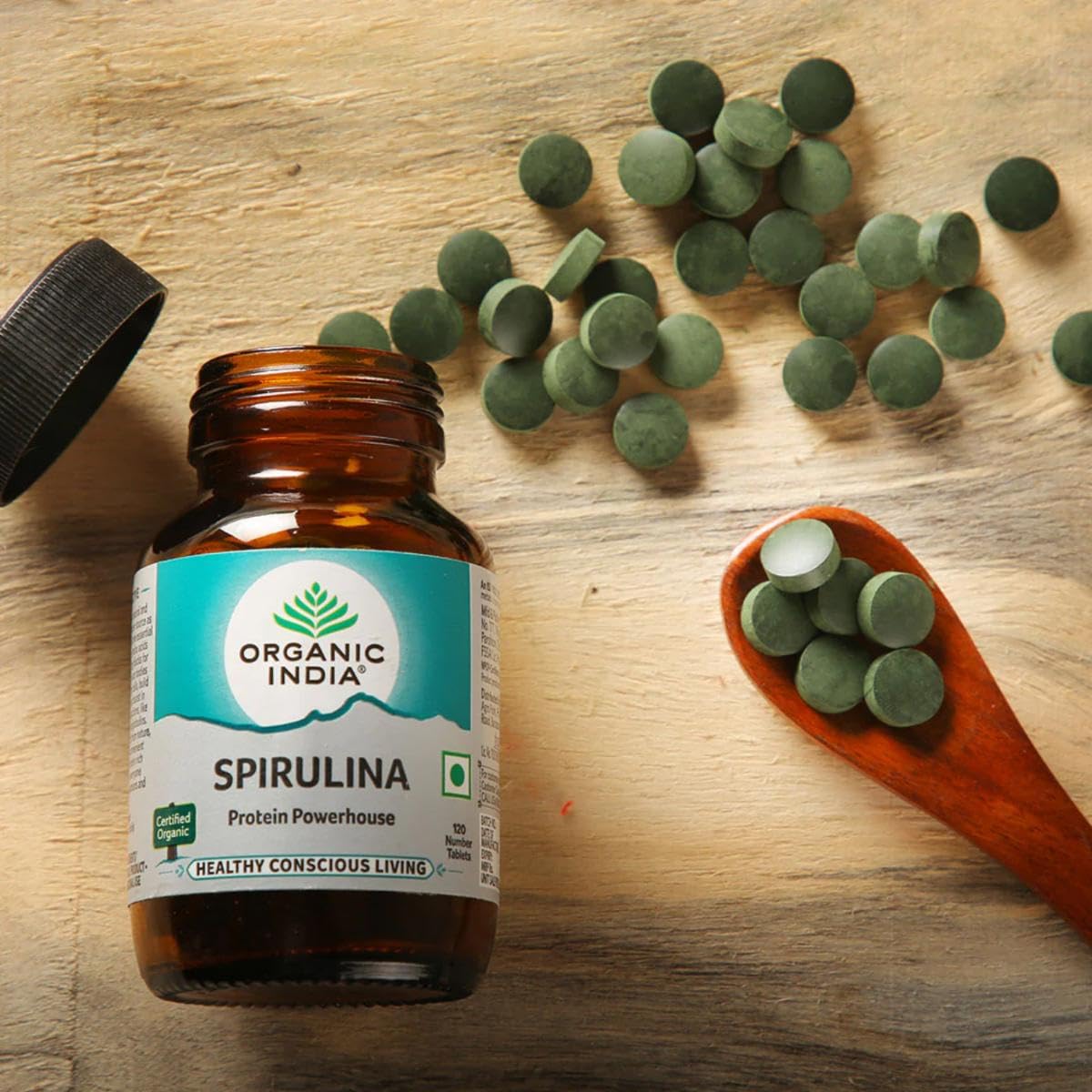 Organic India Spirulina - 120 Tablets, Natural Amino Acids, Protein Powerhouse, Plant-Based Superfood, For Hair, Skin, Nails & Overall Health