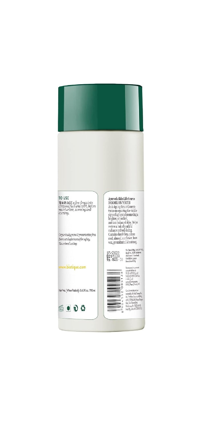 Biotique Dandelion Youth Anti-Ageing Serum | All Skin Types | 190ml