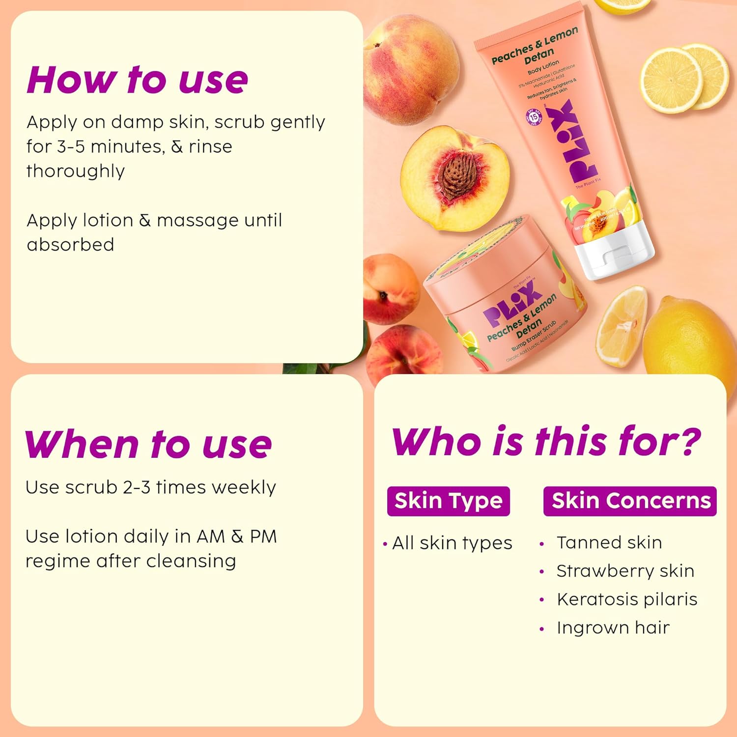 PLIX The Plant Fix Peaches & Lemon Detan Bump Eraser Scrub - Removes Tan & Restores Skin’s Moisture, Reduces Dark Spots - 200 gm