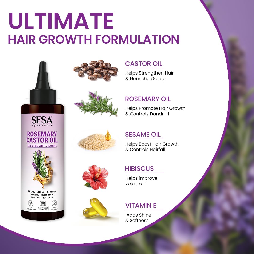 Sesa Ayurvedic Rosemary Hair Oil With Castor Oil - 200 ml | For Dry Hair & Skin