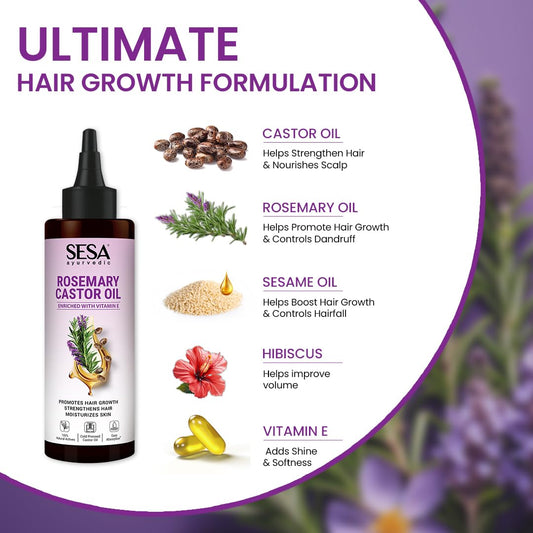 Sesa Ayurvedic Rosemary Hair Oil With Castor Oil - 200 ml | For Dry Hair & Skin
