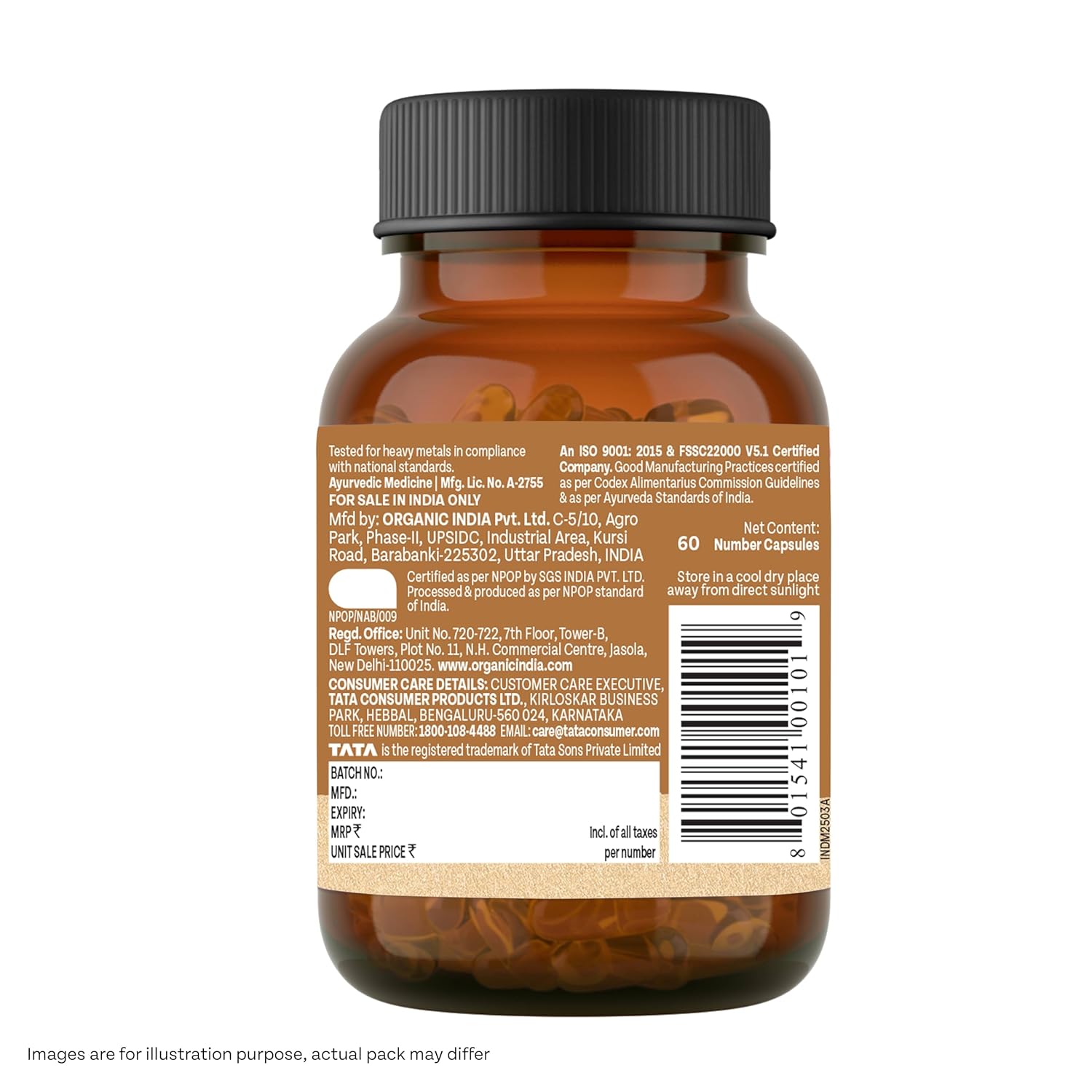ORGANIC INDIA A TATA Product - Ashwagandha Capsules - 60 Veg Caps, For Vitality & Relieves Stress, Naturally Boosts Energy & Stamina, Improves Immune System, GmP & NPOP Certified Organic